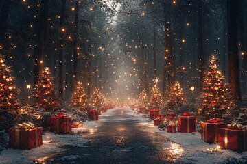 Christmas background. Xmas tree with snow decorated with garland lights, holiday festive background. 