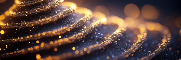 Poster - Shimmering lines create a beautiful silhouette of a Christmas tree, blending golden and silver hues on a dark backdrop, perfect for the holidays. Generative AI