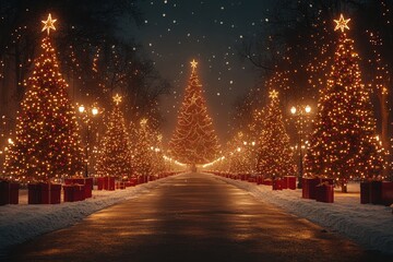 Christmas background. Xmas tree with snow decorated with garland lights, holiday festive background. 