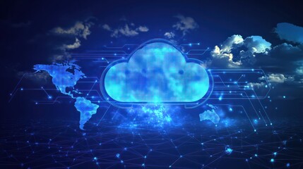 Poster - data transfer cloud computing technology concept. There is a large prominent cloud icon in the center with internal connections. and small icon on abstract world map polygon with dark blue background