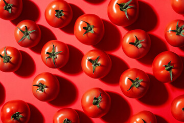 Red juicy tomatoes on a red background