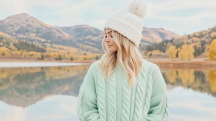 woman standing by a calm lake, wearing a cozy mint-green cable knit sweater with a fluffy white hat and pom-pom accents. The backdrop features serene, misty mountains and a reflective lake