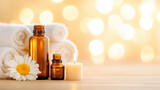 Aromatherapy oils in amber bottles are arranged with candles and soft towels, creating a soothing wellness atmosphere