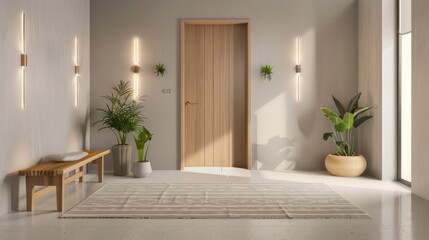 Wall Mural - Minimalist Entryway with Wooden Bench and Plants