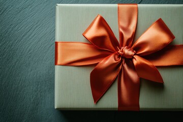 Wall Mural - The large gift box, wrapped in neutral paper and adorned with a vibrant ribbon, awaits a celebratory moment on the table. Generative AI