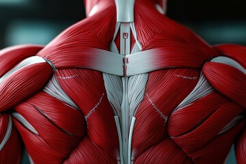 Aufkleber - This close-up study displays the intricate details of human muscle anatomy in red and white, highlighting structural features. Generative AI