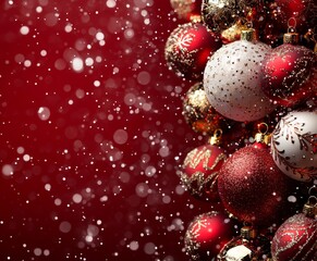 Wall Mural - A festive close-up of sparkling Christmas ornaments against a red background, with falling snowflakes creating a magical winter atmosphere.