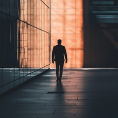 A lone man's silhouette strolls through a modern cityscape, characterized by reflective glass and warm lighting.