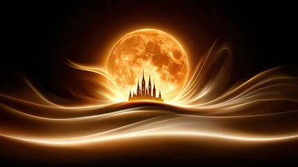 Poster - Soft sculptures of a castle under a glowing golden moon, with swirling mist and a delicate fantasy background in this elegant, high-resolution  moon postcard.