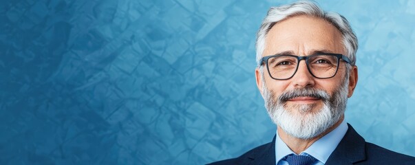 A confident, bearded businessman in glasses smiles against a textured blue background, exuding professionalism and approachability.