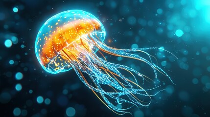 Poster - Hi-res image of a bioluminescent jellyfish glowing in the dark depths of the ocean, with its tentacles flowing gracefully in the water.