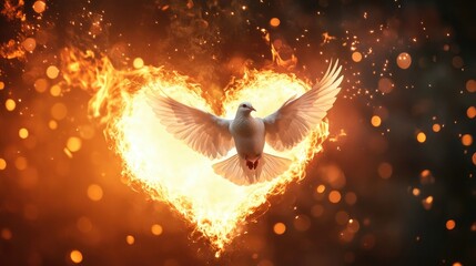 Canvas Print - Dove flying free from a heart-shaped fire, symbolizing rebirth and the triumph of peace over turmoil