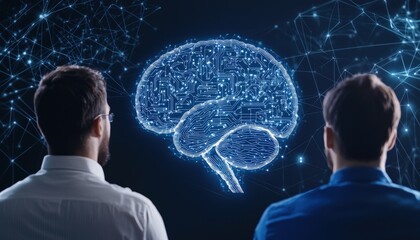 two individuals observe a glowing digital brain, symbolizing innovation, technology, and the interse