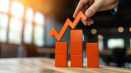 A hand places a rising orange chart on stacked blocks, symbolizing growth and progress in a business or financial context.