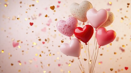 Sticker - Floating heart balloons in various pink and red shades, with golden confetti scattering around them