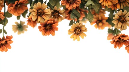 Wall Mural - A vibrant arrangement of orange and cream flowers with green leaves against a white background.