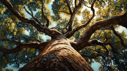 Wall Mural - A towering tree is depicted from a low-angle perspective, showcasing its thick, textured bark that leads the viewer's eye upwards toward a canopy of vibrant green leaves. The interplay of sunlight fil
