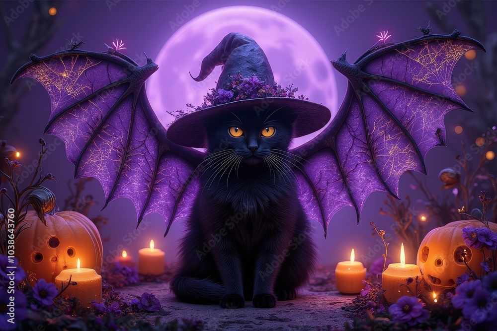Enchanting black cat in a witch hat with wings, surrounded by Halloween ...