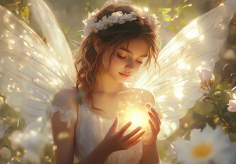 Wall Mural - A beautiful young fairy with wings, glowing white and silver in color, holds the starlight that shines brightly from her hands