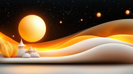 Poster - A serene postcard with soft sculptures of a golden moon shining over a  castle, set against a tranquil night sky with fantasy-inspired light and gentle mist.