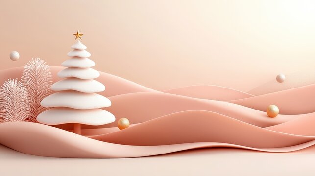 A modern holiday illustration featuring a cute minimalist Christmas tree, adorned with elegant gold and white ornaments, surrounded by charming abstract geometric shapes on a soft pastel background.