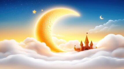 Poster - A mesmerizing postcard featuring a radiant golden moon and a rich red castle, enveloped by soft clouds and warm hues, evoking the beauty of traditional  culture.
