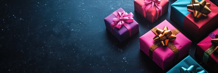 Poster - Saturated gift boxes in vibrant colors are beautifully arranged with decorative bows, waiting for a festive celebration or event. Generative AI