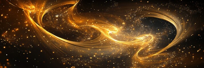 Poster - Golden spirals and stars blend together on a dark backdrop, forming abstract Christmas symbols and casting enchanting light effects. Generative AI