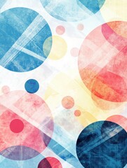 Poster - Scattered large and small circles create an engaging abstract geometric pattern against a diagonal line grid in bright hues. Generative AI