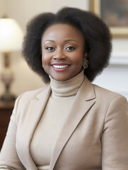 Confident professional woman in business attire smiling indoors