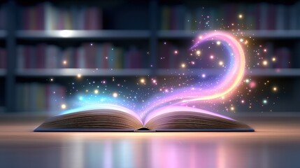 Poster - A captivating image of a colorful art book illuminated on a library table, with vibrant artwork and text highlighted by soft lighting, perfect for a Literacy Day celebration.