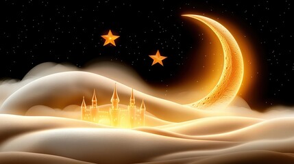 Poster - A beautifully crafted soft sculpture of a castle under a golden  moon, with ethereal clouds and soft lighting creating a magical, graceful postcard scene.