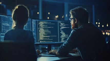 Two software engineers computer programmers working in web design software looking at monitor with code