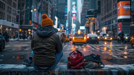 A homeless man sitting with his belongings on a busy city street, representing the harsh realities of urban poverty