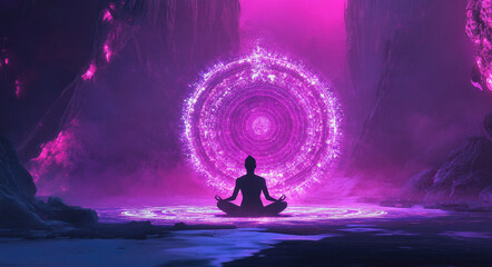 Wall Mural - A person meditating in a lotus position with sacred geometry, a mandala, and glowing lights behind them; the background is an open field at night with stars shining brightly