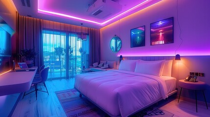 A hotel room, purple blue and green lighting, accessories distributed around the room, neon signs, contemporary design.