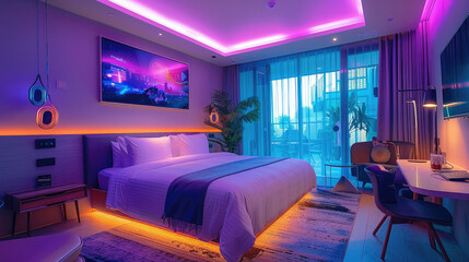 A hotel room, purple blue and green lighting, accessories distributed around the room, neon signs, contemporary design.