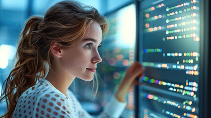 Poster - Woman working in information technology. in a high-tech office environment