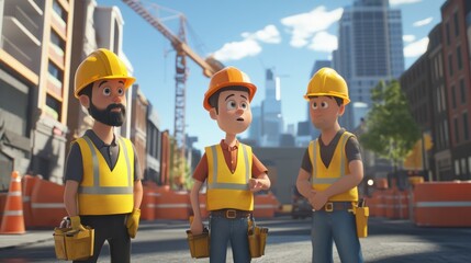 Poster - 3d cartoon with construction workers,ai generated