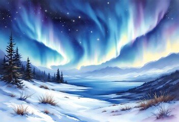 Northern lights or Aurora borealis in the sky in the forest on the river
