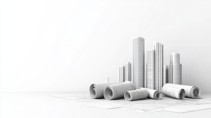 Poster - 3D rendering of a building construction concept with modern skyscrapers and blueprints on a white background, with space for text