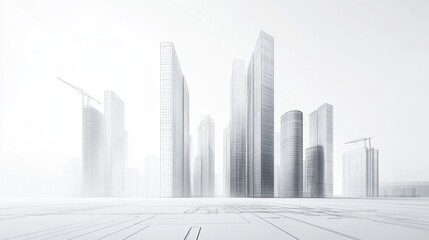 Poster - 3D rendering of a building construction concept with modern skyscrapers and blueprints on a white background, with space for text