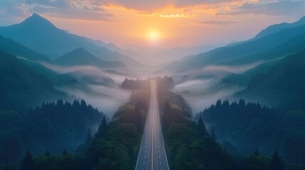 Aufkleber - A background with mountains and thick forests, there is a highway going through the mountains, with sunset and fog.