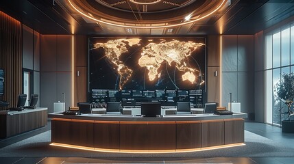 Aufkleber - Modern control room minimalist, Composite materials include carpet, wood panel wall, white and black, architectural, a lot of screens, control room with a holographic world map circle screen.