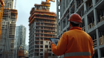 Poster - A construction manager using a tablet to interact with a 3D model of the building under construction, reflecting on-site real-time updates. Use for National Construction Day