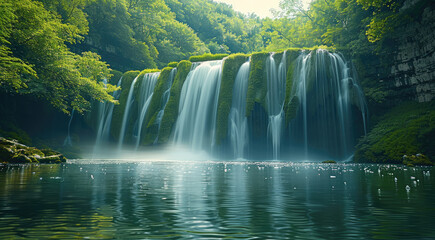 Poster - A serene waterfall cascades down moss-covered cliffs, reflecting in the calm waters below. The lush greenery of the canyon is visible on both sides as the water splashes and flows along its path.
