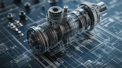 A detailed 3D rendering of an industrial machine positioned overlaid on a technical blueprint background, illustrating a sophisticated engineering design process and technological innovation.