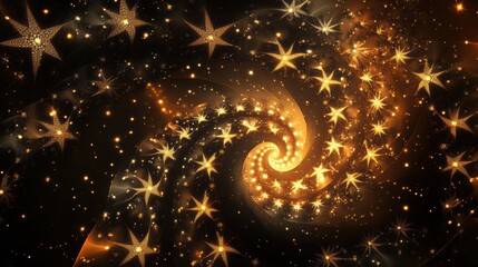 Poster - Golden spirals and stars intertwine on a dark background, showcasing a mesmerizing play of light and shadow in an abstract arrangement. Generative AI