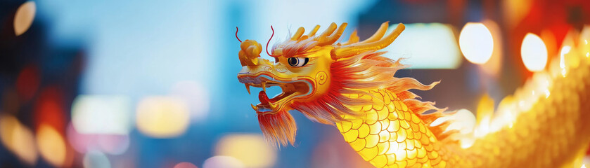 large golden dragon float illuminated by vibrant lights, showcasing intricate details and fierce expression, captures festive spirit of celebration