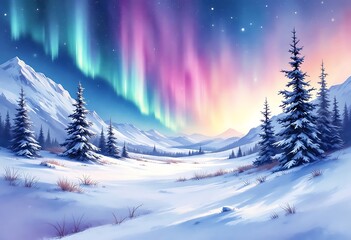 Northern lights or Aurora borealis in the sky in the forest on the river
